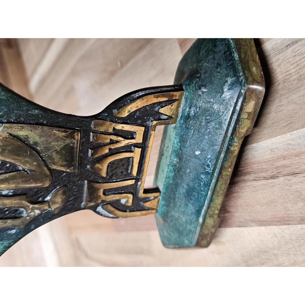 Vintage Mid-Century Modern Israeli Brutalist 3-Cup Candelabra Verdigris Brass - Picture 9 of 14